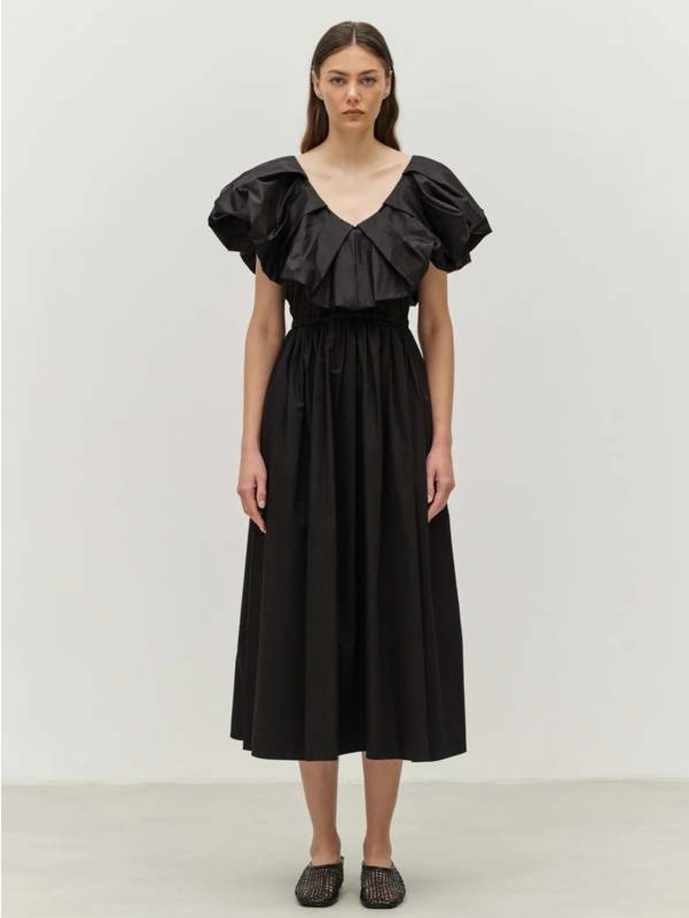 Black Puff-Sleeve V-Neck Midi Dress